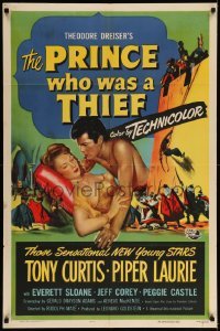 5f687 PRINCE WHO WAS A THIEF 1sh '51 romantic art of Tony Curtis & pretty Piper Laurie!