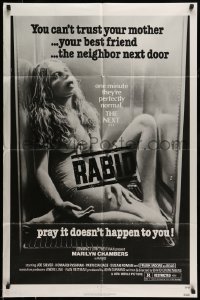 5f693 RABID 1sh '77 Marilyn Chambers, image of dead girl in refrigerator, Cronenberg directed!