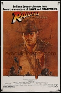 5f696 RAIDERS OF THE LOST ARK 1sh '81 great art of adventurer Harrison Ford by Richard Amsel!