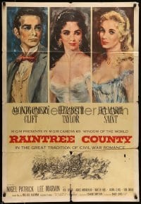 5f699 RAINTREE COUNTY 1sh '57 art of Montgomery Clift, Elizabeth Taylor & Eva Marie Saint!