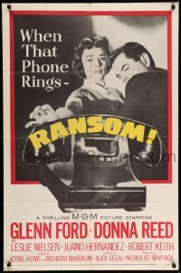 5f702 RANSOM 1sh '56 great image of Glenn Ford & Donna Reed waiting for call from kidnapper!