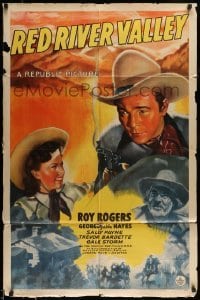 5f704 RED RIVER VALLEY 1sh '41 great art of Roy Rogers, Gabby Hayes & pretty Gale Storm, rare!
