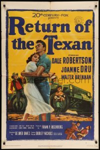 5f713 RETURN OF THE TEXAN 1sh '52 art of Dale Robertson holding Joanne Dru by military jeep!