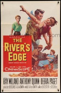 5f720 RIVER'S EDGE 1sh '57 Ray Milland & Anthony Quinn fighting on cliff, Debra Paget