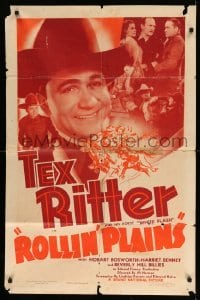 5f727 ROLLIN' PLAINS 1sh '38 cowboy Tex Ritter & his horse White Flash in western action!