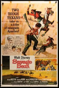 5f743 SAVAGE SAM style A 1sh '63 Disney, art of boy & dog fighting Native, Old Yeller sequel!