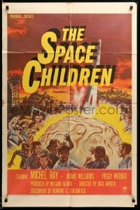 5f827 SPACE CHILDREN 1sh '58 Jack Arnold, great sci-fi art of kids, rocket & giant alien brain!