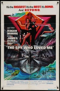 5f836 SPY WHO LOVED ME 1sh '77 cool art of Roger Moore as James Bond by Bob Peak!