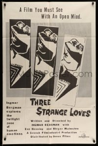 5f906 THREE STRANGE LOVES 1sh R61 Ingmar Bergman's Torst, Eva Henning, great silhouette art!