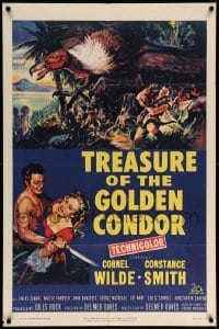 5f932 TREASURE OF THE GOLDEN CONDOR 1sh '53 art of Cornel Wilde grabbing girl & attacked by snake!
