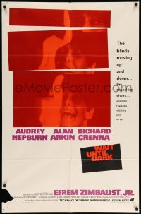 5f959 WAIT UNTIL DARK 1sh '67 close up of blind Audrey Hepburn, who is terrorized by Alan Arkin!