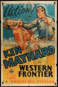 5f972 WESTERN FRONTIER 1sh '35 cool close up art of cowboy hero Ken Maynard punching bad guy!