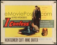5g195 I CONFESS 1/2sh '53 Alfred Hitchcock, art of Montgomery Clift standing over Anne Baxter!