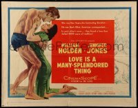 5g249 LOVE IS A MANY-SPLENDORED THING 1/2sh '55 romantic art of William Holden & Jennifer Jones!