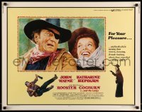 5g374 ROOSTER COGBURN 1/2sh '75 great art of John Wayne with eye patch & Katharine Hepburn!