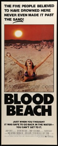 5g555 BLOOD BEACH insert '81 Jaws parody tagline, image of sexy girl in bikini sinking in sand!