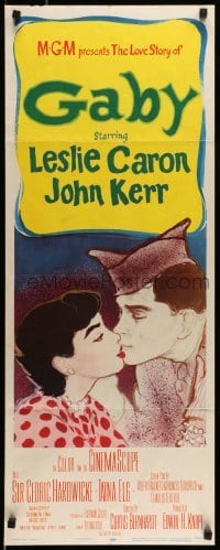 5g653 GABY insert '56 wonderful close up art of soldier John Kerr kissing Leslie Caron!