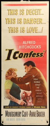 5g708 I CONFESS insert '53 Alfred Hitchcock, art of Montgomery Clift shaking Anne Baxter!