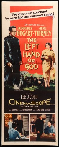 5g741 LEFT HAND OF GOD insert '55 art of priest Humphrey Bogart holding gun + sexy Gene Tierney!
