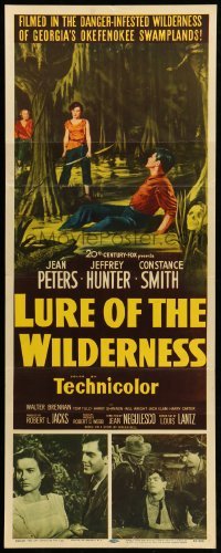 5g758 LURE OF THE WILDERNESS insert '52 art of sexy Jean Peters & wounded Jeff Hunter in swamp!