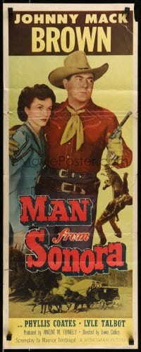 5g770 MAN FROM SONORA insert '51 great image of cowboy Johnny Mack Brown + pretty Phyllis Coates!