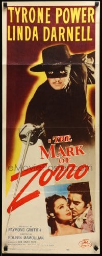 5g781 MARK OF ZORRO insert R58 masked hero Tyrone Power in costume & with young Linda Darnell!