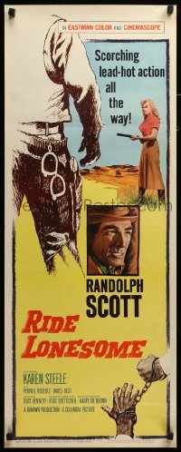 5g844 RIDE LONESOME insert '59 Wik artwork of cowboy Randolph Scott, Karen Steele w/gun!