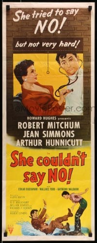 5g873 SHE COULDN'T SAY NO insert '54 sexy short-haired Jean Simmons examines Dr. Robert Mitchum!