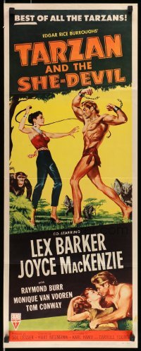 5g924 TARZAN & THE SHE-DEVIL insert '53 sexy Joyce MacKenzie swings whip at barechested Lex Barker