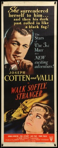 5g965 WALK SOFTLY STRANGER insert '50 art of Joseph Cotten & pretty Alida Valli, film noir!