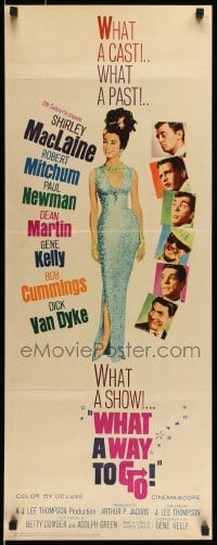 5g969 WHAT A WAY TO GO insert '64 Paul Newman, Mitchum, Dean Martin, full-length Shirley MacLaine!