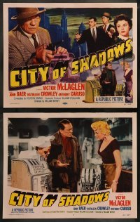 5j096 CITY OF SHADOWS 8 LCs '55 tough gangster Victor McLaglen in New York City, Kathleen Crowley!