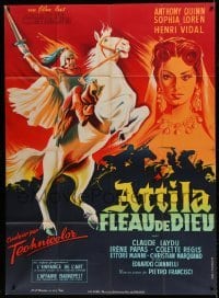 5k597 ATTILA French 1p '55 art of Anthony Quinn on horseback & sexy Sophia Loren by Grinsson!