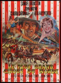 5k652 CIRCUS WORLD French 1p '64 best art of Claudia Cardinale & John Wayne by Jean Mascii!