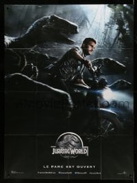 5k773 JURASSIC WORLD teaser French 1p '15 Jurassic Park, Chris Pratt on motorcycle by raptors!