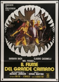 5k309 ALLIGATORS Italian 1p '79 art of Barbara Bach, Mel Ferrer & Cassinelli in huge monster jaws!