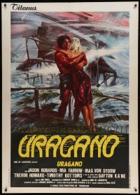 5k381 HURRICANE Italian 1p '79 different art of Mia Farrow & her lover in tropical rainstorm!
