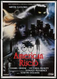 5k265 AMERICAN RICKSHAW Italian 2p '90 creepy Renato Casaro art of woman & cat looming over city!