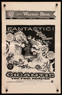 5m678 GIGANTIS THE FIRE MONSTER pressbook '59 cool artwork of Godzilla breathing flames at Angurus!