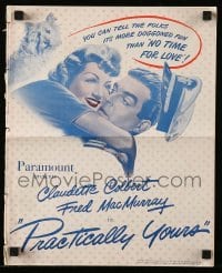 5m838 PRACTICALLY YOURS pressbook '44 Claudette Colbert hugging Air Force pilot Fred MacMurray!
