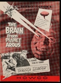 5m585 BRAIN FROM PLANET AROUS/TEENAGE MONSTER pressbook '57 wacky monster with rays from eyes!