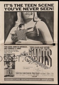 5m973 VILLAGE OF THE GIANTS pressbook '65 classic image of boy in gigantic sexy girl's cleavage!