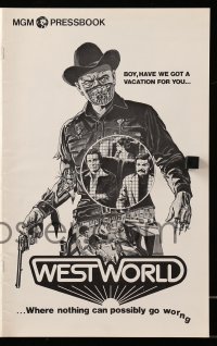 5m977 WESTWORLD pressbook '73 Michael Crichton, cool artwork of cyborg Yul Brynner by Neal Adams!