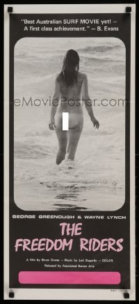 5p042 FREEDOM RIDERS Aust daybill '72 completely naked Aussie surfer girl, black border design!