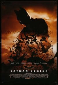 5r082 BATMAN BEGINS advance 1sh '05 June 17, image of Christian Bale in title role with bats!