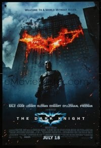 5r219 DARK KNIGHT int'l advance DS 1sh '08 Christian Bale as Batman in front of flaming building!