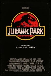 5r469 JURASSIC PARK DS 1sh '93 Steven Spielberg, classic logo with T-Rex over red background