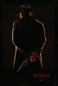 5r938 UNFORGIVEN teaser 1sh '92 image of gunslinger Clint Eastwood w/back turned, dated design!