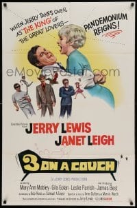 5t001 3 ON A COUCH 1sh '66 great image of screwy Jerry Lewis squeezing sexy Janet Leigh!
