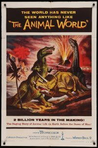 5t041 ANIMAL WORLD 1sh '56 great artwork of prehistoric dinosaurs & erupting volcano!